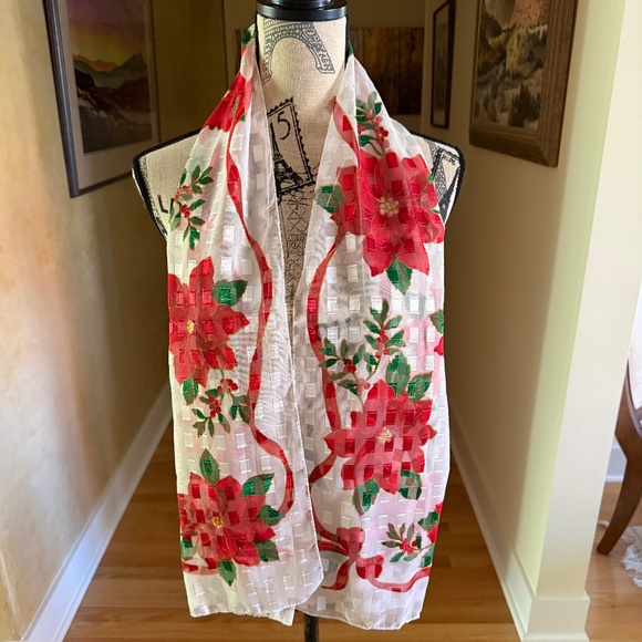 Christmas Poinsettia Scarf Rectangular Made in Korea 57.5"L X 13"W - Picture 1 of 15